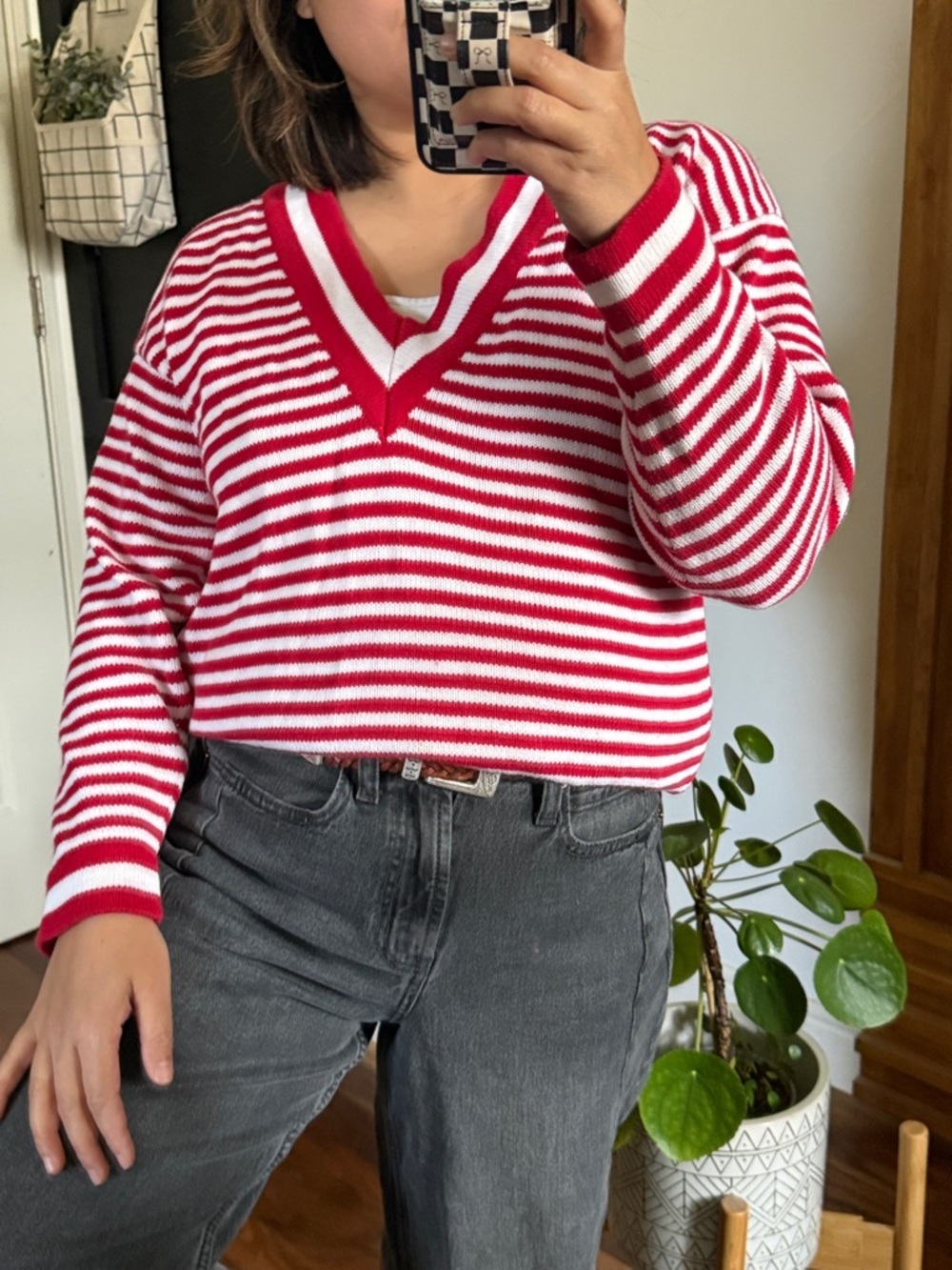 Vintage Norman 100% cotton Nautical Red White Striped Deep V Sweater. L